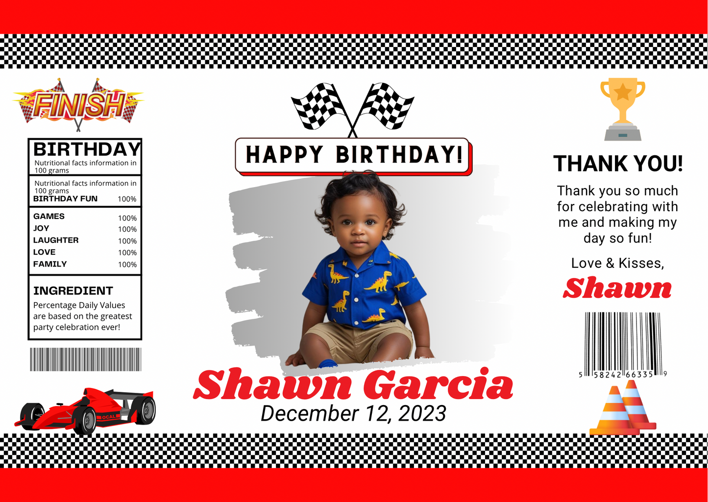 Red & Gray Race Car Birthday Chip Bag Digital Template | Editable Favor for Boys