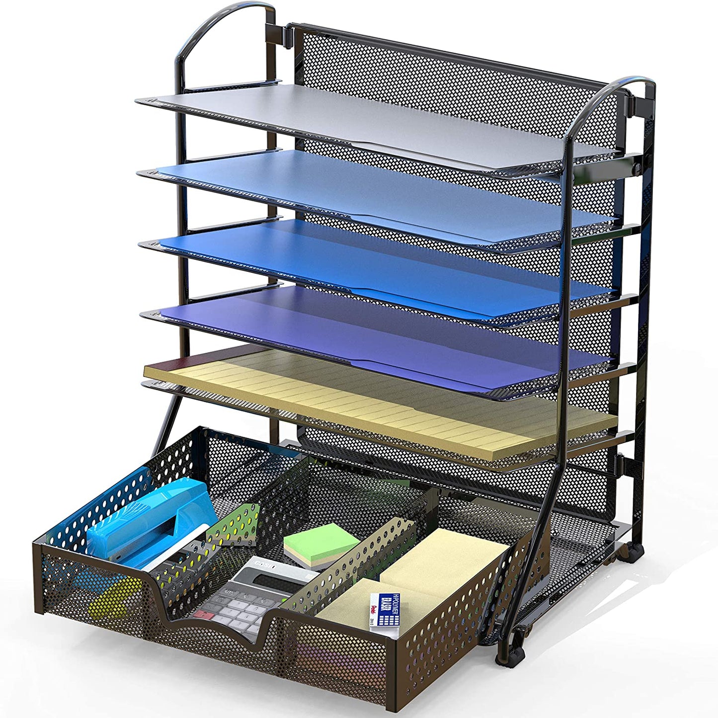 6 Trays Desk Document File Tray Organizer with Supplies Sliding Drawer