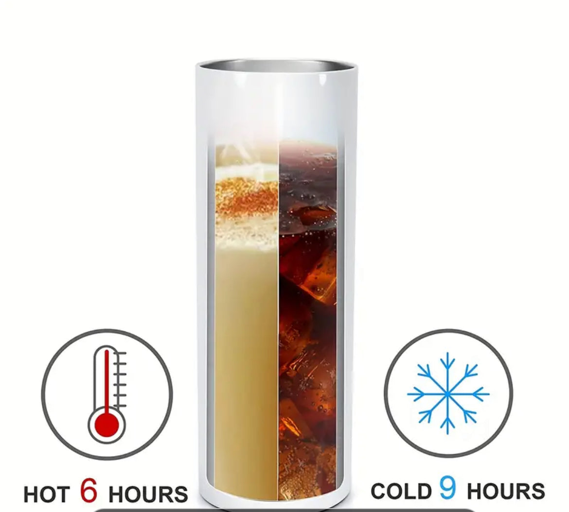 Cardi B stainless steel tumbler by Simply Radiant Creations showing hot and cold drink insulation times