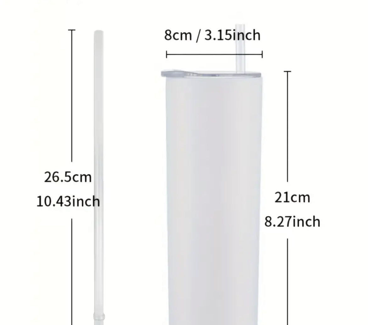 Cardi B stainless steel tumbler with clear straw showing dimensions 8cm width and 21cm height