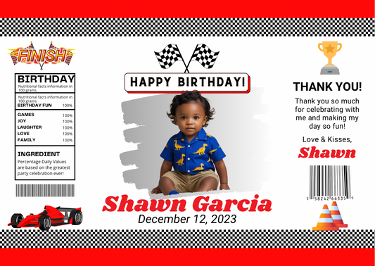 Red & Gray Race Car Birthday Chip Bag Digital Template | Editable Favor for Boys