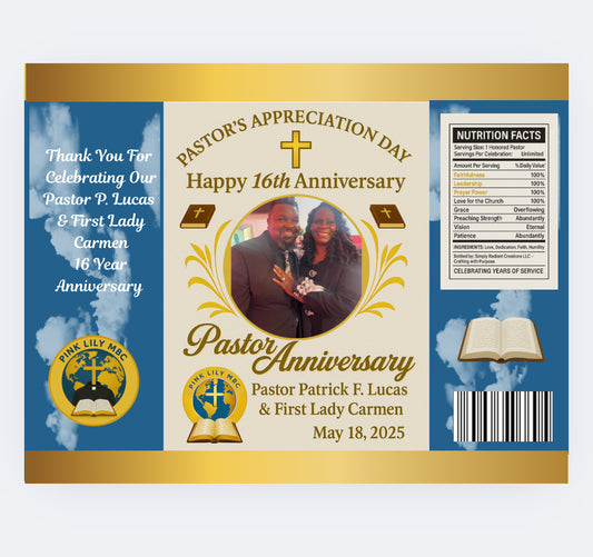 Editable Pastor Anniversary Party Favor Templates – Chip Bag, Hershey Bar, Water Bottle Labels (Digital Download)