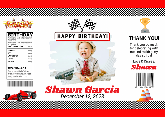Red & White Race Car Birthday Chip Bag Digital Template | Editable Party Favor for Boys