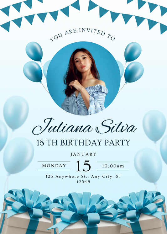Editable 18th Birthday Invitation Template | Digital Blue Birthday Party Invite | Canva