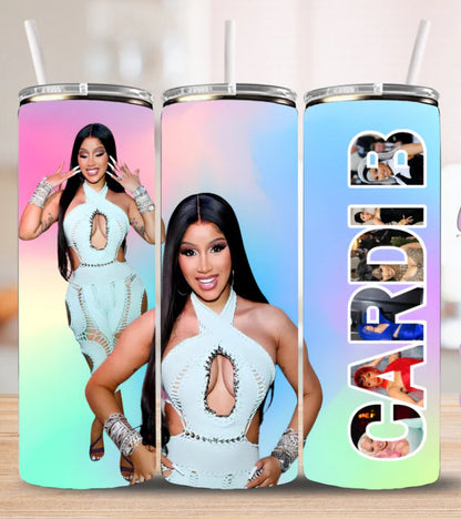 Cardi B stainless steel tumbler with colorful gradient background and images of Cardi B in white outfit