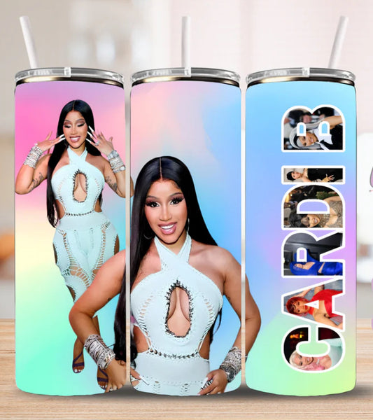 Cardi B stainless steel tumbler with colorful gradient background and images of Cardi B in white outfit