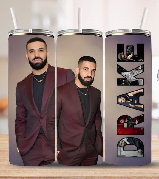 Simply Radiant Creations Drake skinny tumbler featuring Drake portrait and logo in maroon suit with straw
