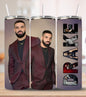 Simply Radiant Creations Drake skinny tumbler featuring Drake portrait and logo in maroon suit with straw