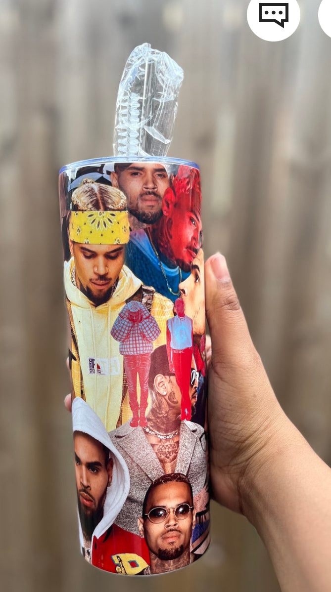 Chris Brown tumbler with collage design featuring multiple images of Chris Brown, held in hand