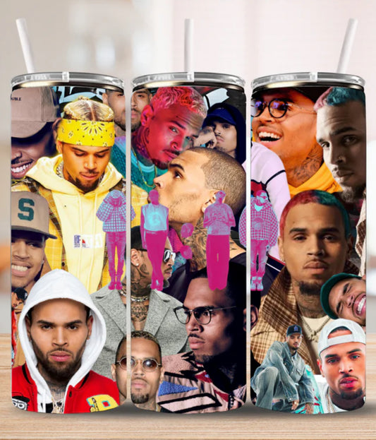 Chris Brown tumbler by Simply Radiant Creations featuring colorful collage of Chris Brown's portraits