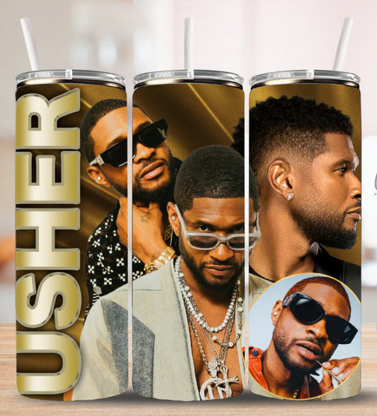 Usher custom stainless steel tumbler featuring multiple artistic images of Usher wearing sunglasses and jewelry