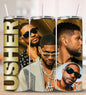 Usher custom stainless steel tumbler featuring multiple artistic images of Usher wearing sunglasses and jewelry